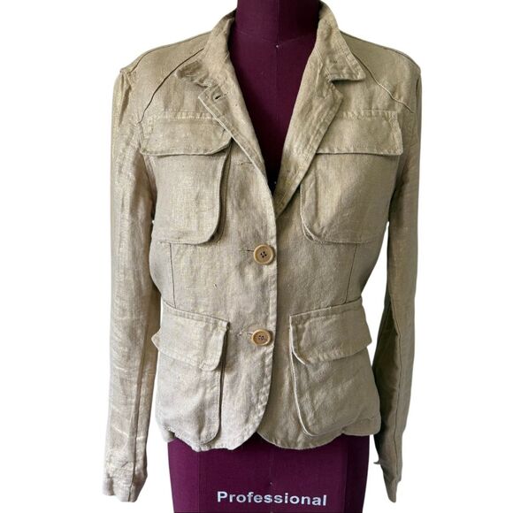 120% Lino Linen Jacket Blazer Gold Tan size 44 S M Button Front - Picture 1 of 11